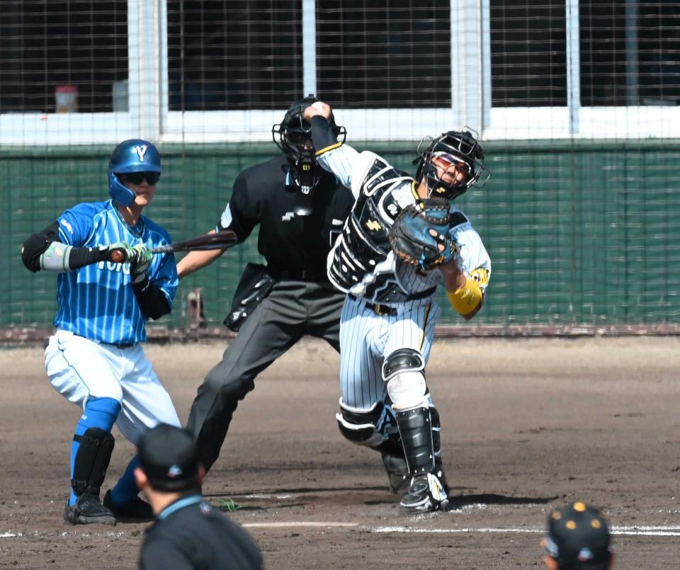　４回、二盗を阻止する梅野（撮影・飯室逸平）