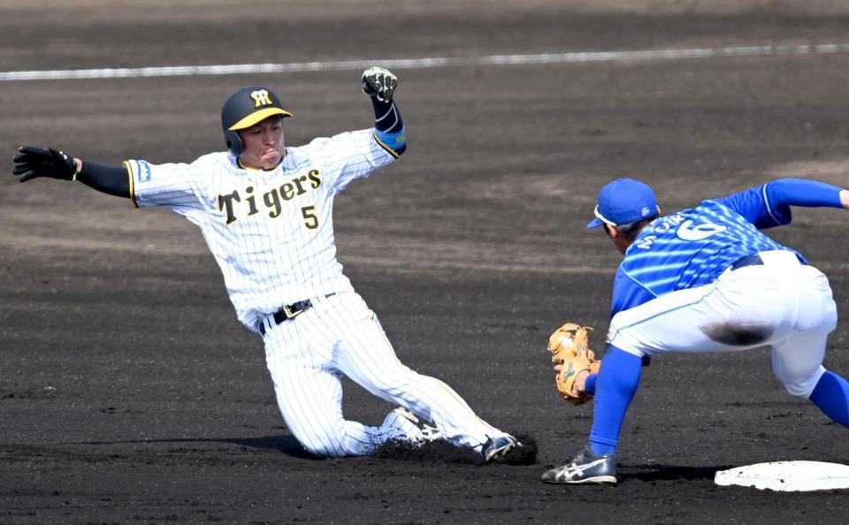 　１回、二盗を狙うもアウトになった近本（撮影・飯室逸平）