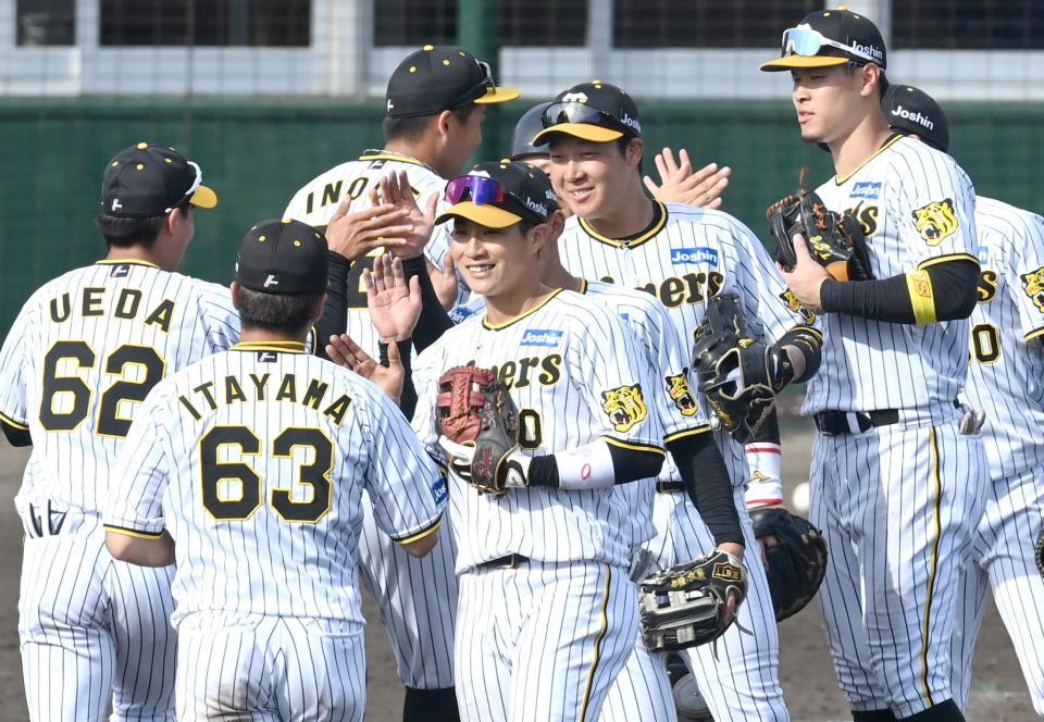 　笑顔で勝利のハイタッチを交わす木浪ら阪神ナイン（撮影・飯室逸平）
