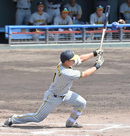 　２回、左前に同点打を放つ森下（撮影・高部洋祐）