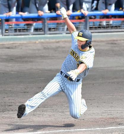 　２回、木浪の勝ち越し打で生還する森下（撮影・高部洋祐）