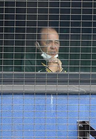 　２軍の日本ハム戦をネット裏ブースで観戦する岡田監督（撮影・開出牧）