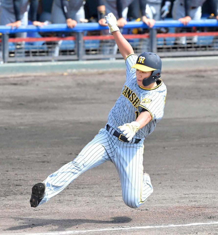 　２回、木浪の勝ち越し打で生還する森下（撮影・高部洋祐）