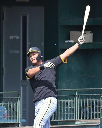 　新しく届いたバットでロングティーを打つ森下（撮影・西岡正）