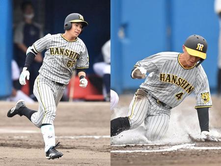 　２点適時打を放った植田（左）と暴投で二塁から生還する熊谷