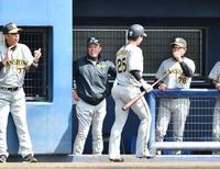 　２回、左越えソロを放った渡辺諒（２５）とタッチをかわす岡田監督（中央）＝撮影・開出牧