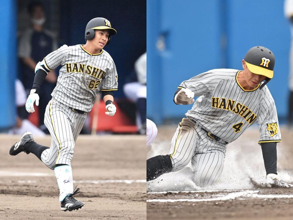 　２点適時打を放った植田（左）と暴投で二塁から生還する熊谷