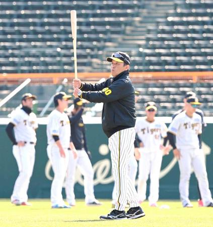 　バットを手にナインの練習を見守る岡田監督（撮影・高部洋祐）