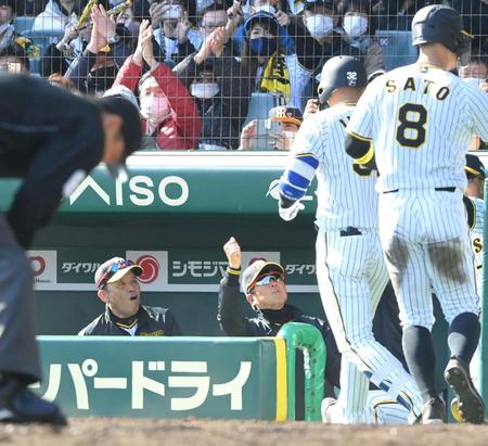 　４回、２ランを放った井上を迎える岡田監督（左端）＝撮影・高部洋祐