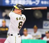 　８回、中越えにソロを放つ佐藤輝（撮影・吉澤敬太）