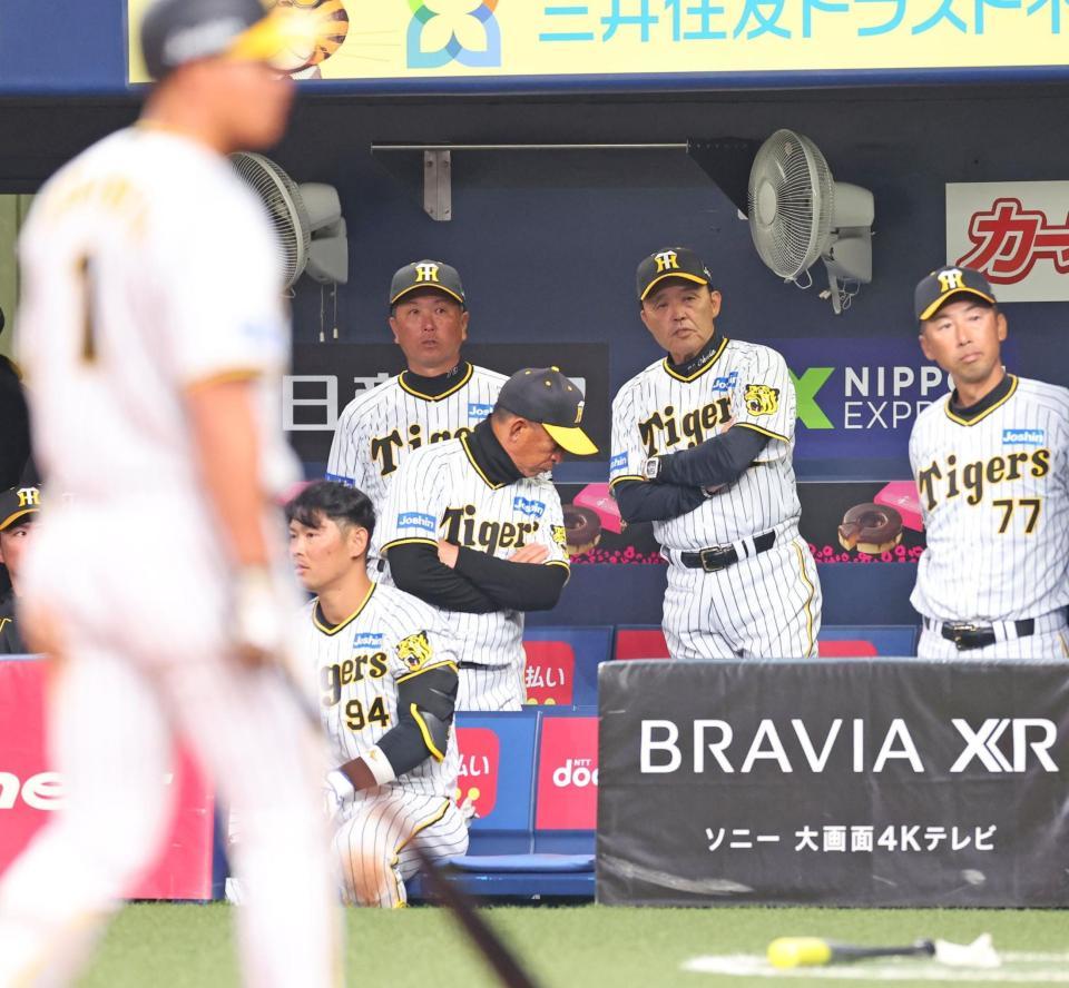 　韓国の動きを観察する岡田監督（中央）と森下（手前）＝撮影・吉澤敬太