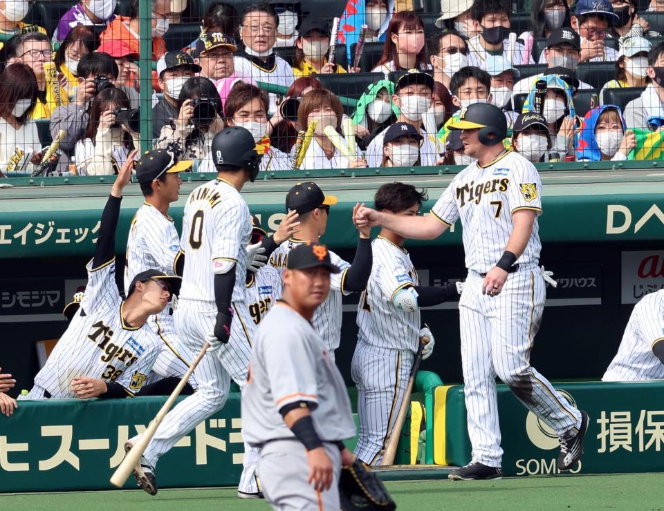 　４回、生還したノイジーはナインに迎えられる（撮影・山口登）