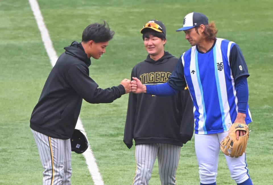 　試合前に大田（右）タッチを交わす森下（左）。中央は渡辺諒（撮影・堀内翔）