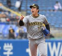 　４回、打球の方向を指さす青柳（撮影・堀内翔）