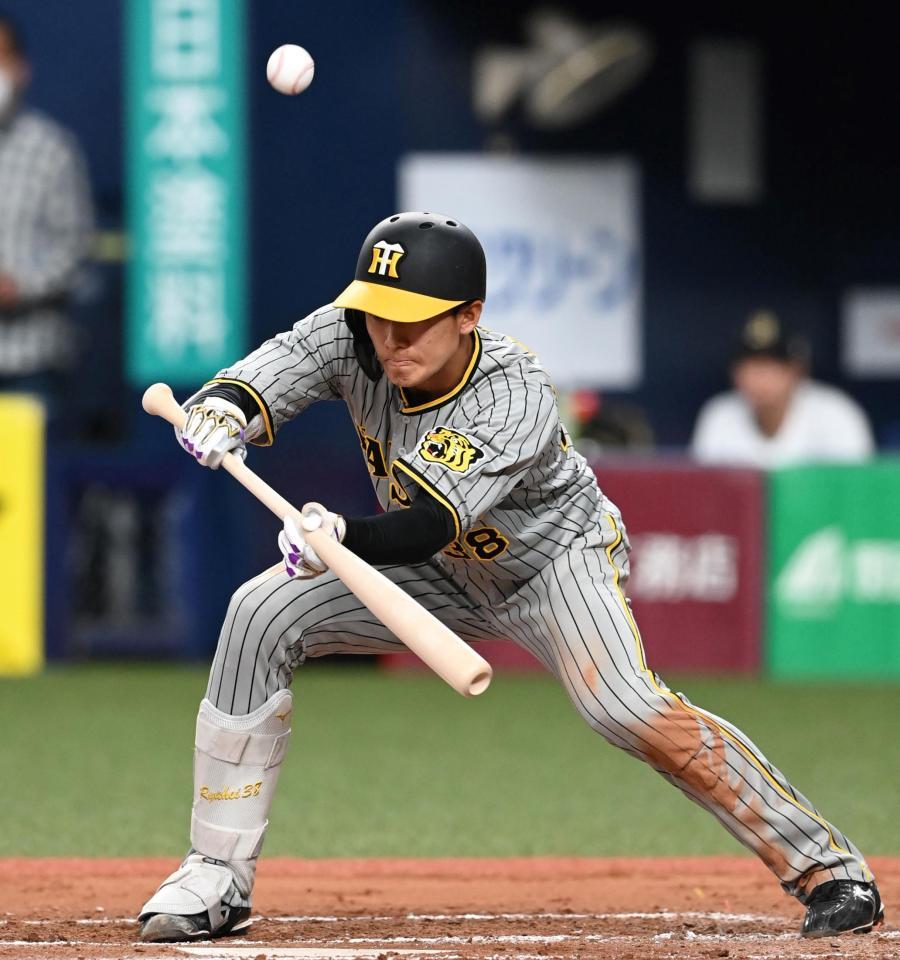 　送りバントを失敗する小幡（撮影・飯室逸平）