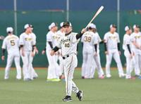 　バットを手にナインの練習を見守る岡田監督（撮影・高部洋祐）