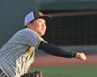 　夕日を浴びてキャッチボールをする西勇（撮影・立川洋一郎）