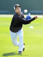 　入念に投球練習する青柳（撮影・北村雅宏）