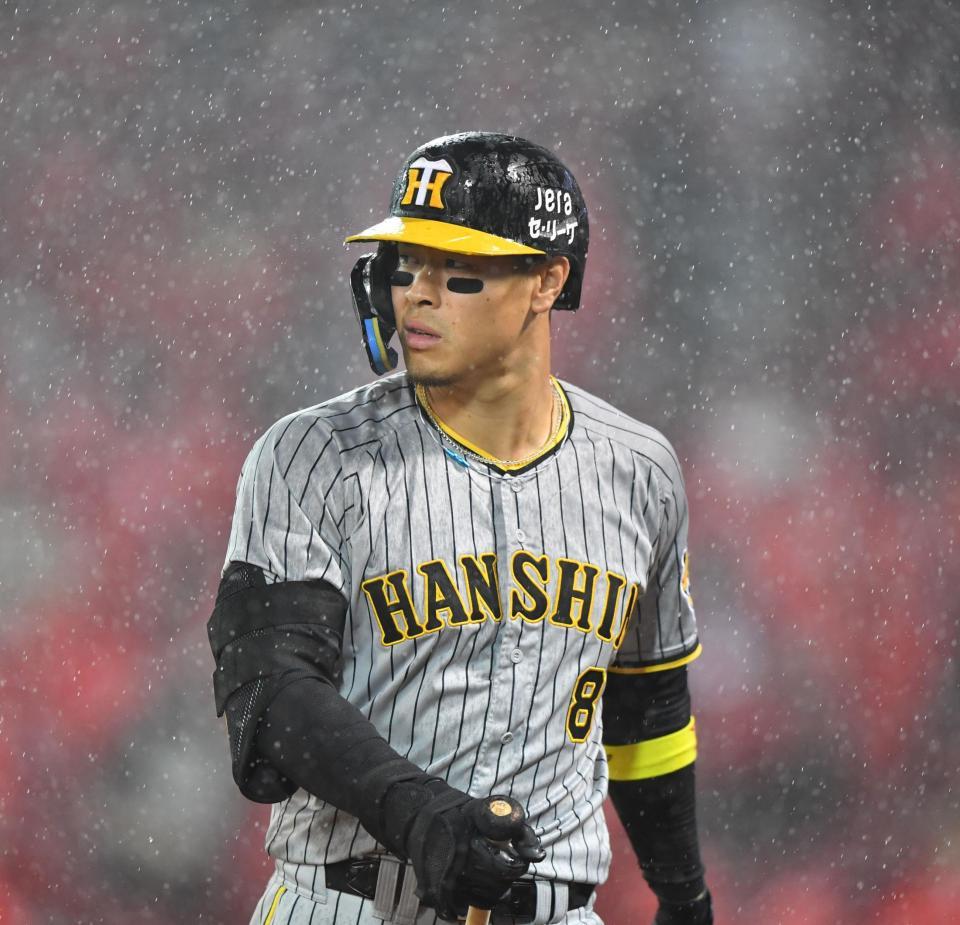 　６回、佐藤輝の打席で中断となる（撮影・中田匡峻）