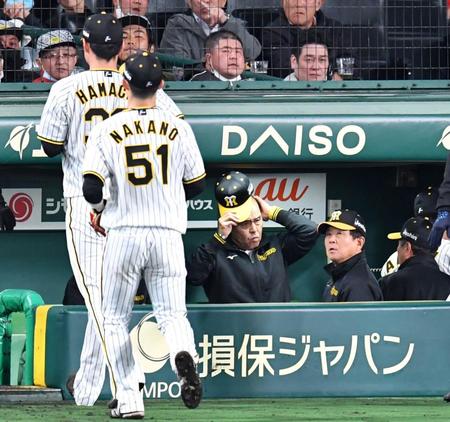 　８回を投げ終えた浜地（左）とベンチで険しい表情の岡田監督（撮影・中田匡峻）