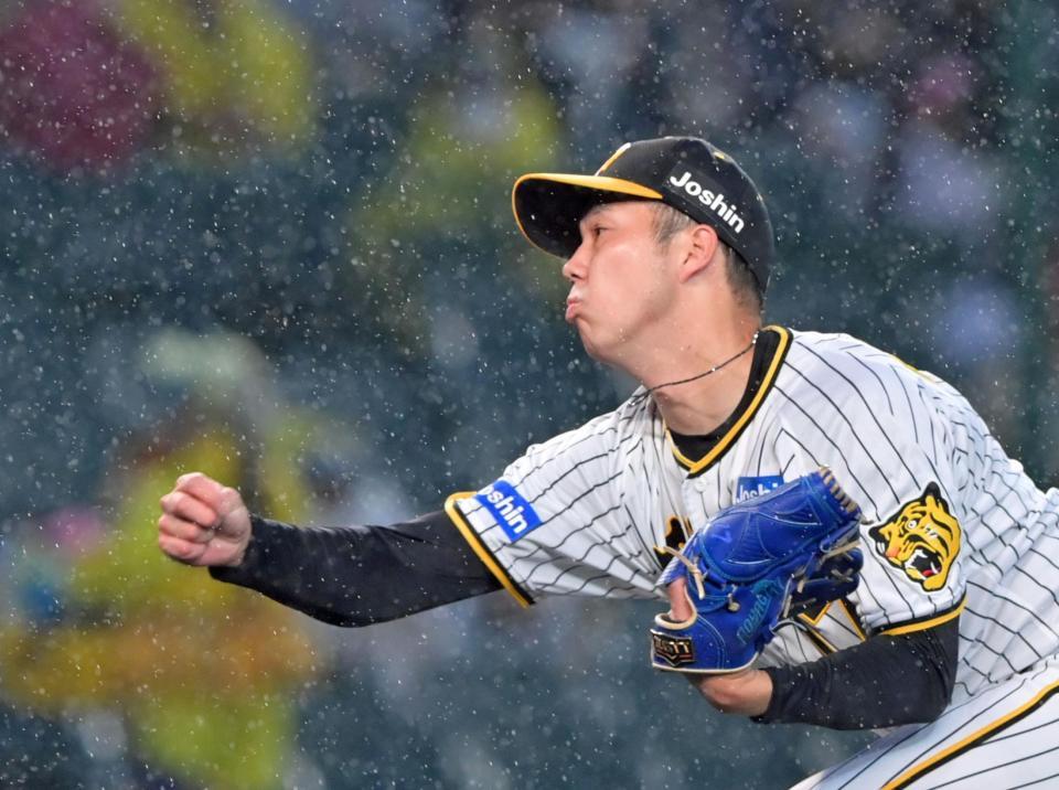 　降りしきる雨の中、力投する青柳（撮影・立川洋一郎）