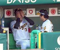 　７回、同点に追いつかれベンチに戻った才木（左）は悔しそうに手で顔を覆う（撮影・山口登）