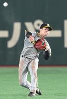 　４回、坂本の右飛を処理した森下の送球を受け、素早く三塁に送球する中野（撮影・高部洋祐）