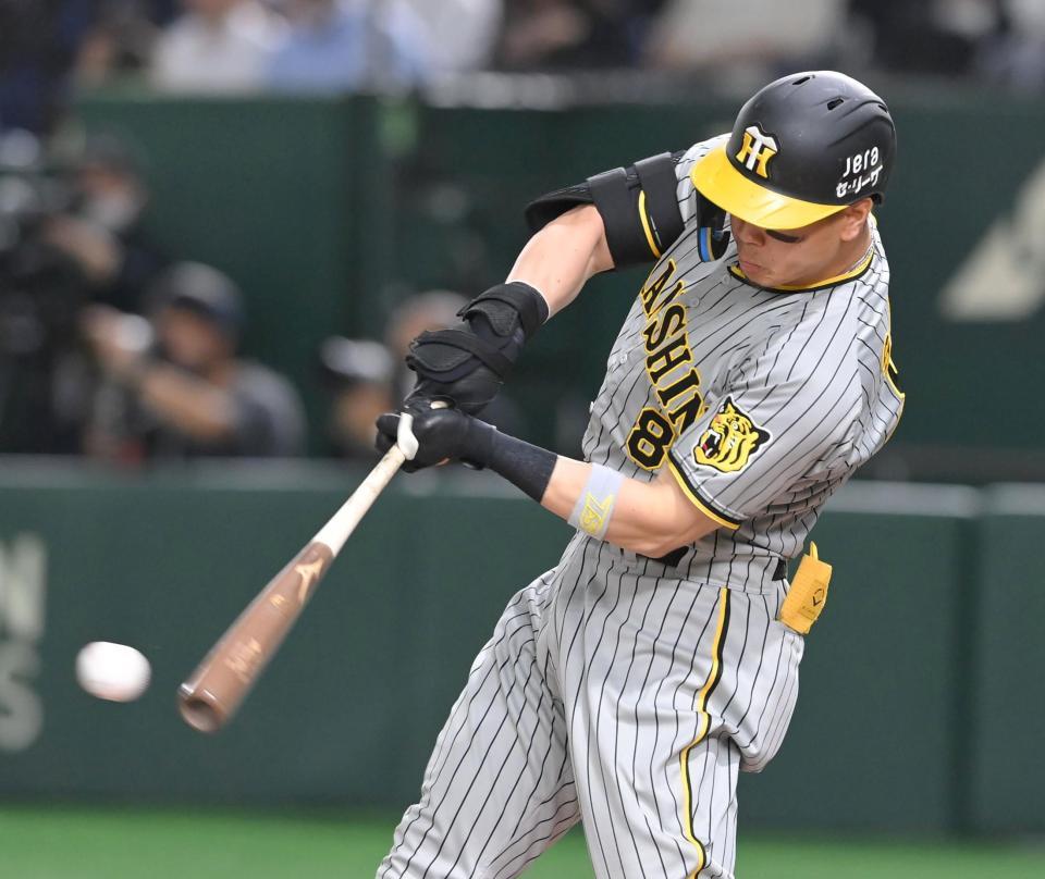 　２回、右前打を放つ佐藤輝（撮影・高部洋祐）