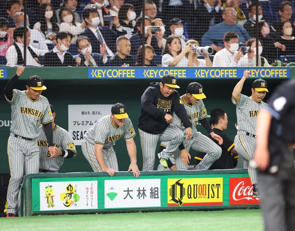勝利の瞬間、ベンチから飛び出す阪神・村上頌樹（中央）＝東京ドーム（撮影・吉澤敬太）