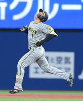 　９回、中飛に倒れ天を仰ぐ森下（撮影・高部洋祐）