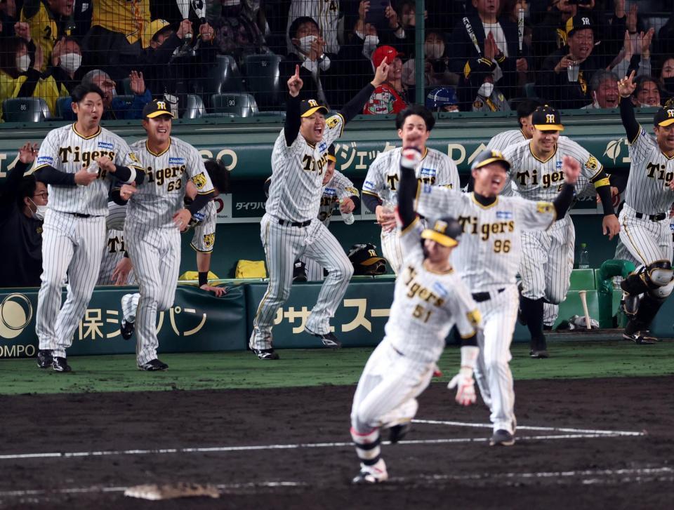 　９回、中野がサヨナラ打を放ちベンチから飛び出し喜ぶ西勇（中央）ら阪神ナイン（撮影・山口登）