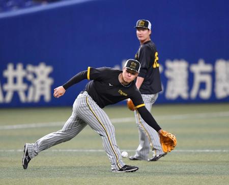 　ノックを受ける佐藤輝。後方は渡辺諒（撮影・中田匡峻）