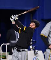 　素振りをする佐藤輝（撮影・中田匡峻）