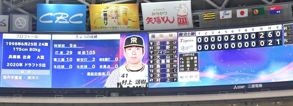 　プロ初勝利を完封で飾った村上の投球成績とスコア（撮影・中田匡峻）