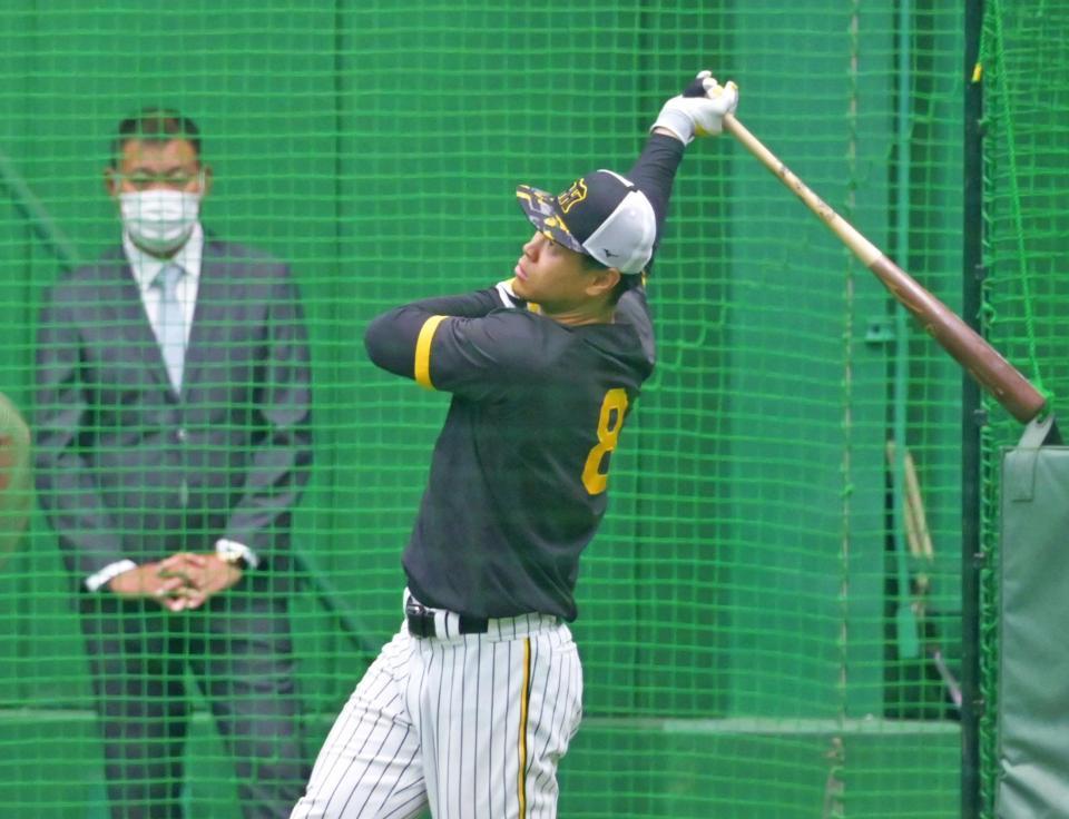 　福留孝介氏（左）の前でフリー打撃をする佐藤輝（撮影・立川洋一郎）