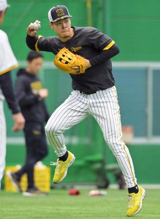 　ノックの打球を処理して返球する佐藤輝（撮影・立川洋一郎）