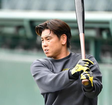 　スイングする梅野（撮影・中田匡峻）