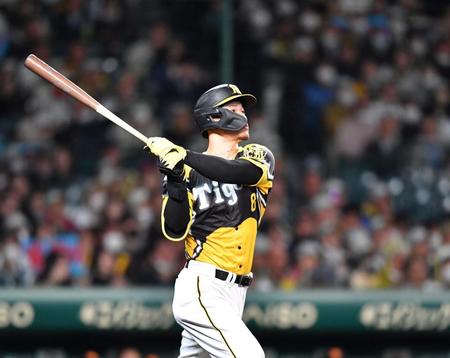 　５回、ライトスタンドへソロを放った佐藤輝（撮影・中田匡峻）