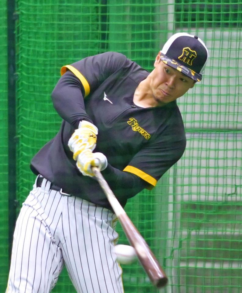 　フリー打撃で快音を響かせる佐藤輝（撮影・立川洋一郎）