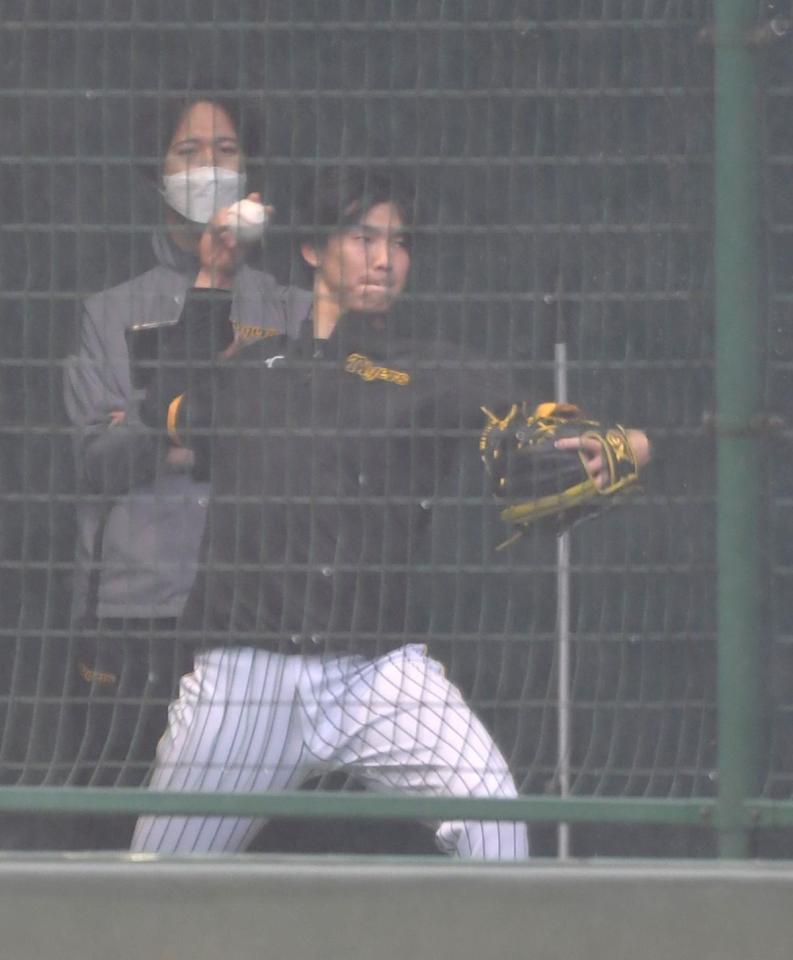 　ブルペンで軽めのキャッチボールをする湯浅（撮影・北村雅宏）