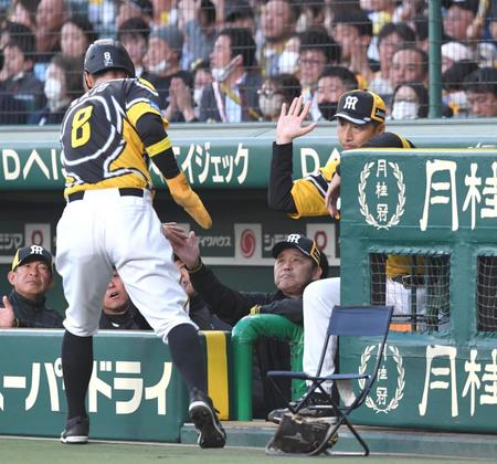 　２回、坂本の適時打で生還した佐藤輝（８）を迎える岡田監督（中央）＝撮影・北村雅宏