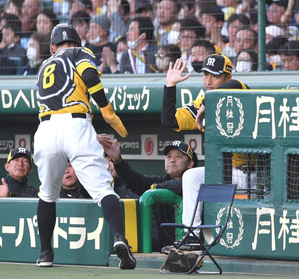 　２回、坂本の適時打で生還した佐藤輝（８）を迎える岡田監督（中央）＝撮影・北村雅宏