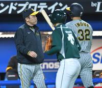 　４回、井上（右）と才木の交代を告げに向かう岡田監督（撮影・西岡正）