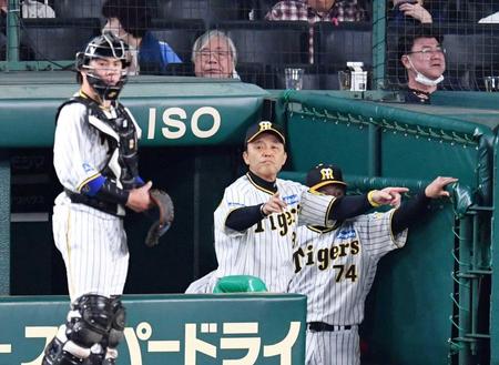 　４回、リクエストする岡田監督（撮影・中田匡峻）