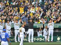 　８回、佐藤輝の勝ち越し打で盛り上がる阪神ナイン（撮影・中田匡峻）