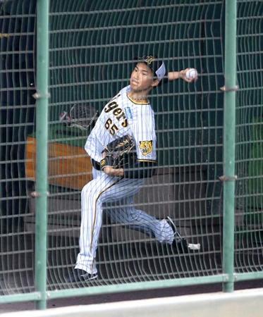 　ブルペンで投球する湯浅（撮影・石井剣太郎）