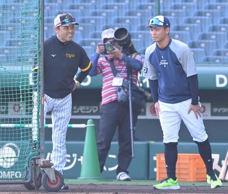 試合前、談笑する岡田監督（左）と青木＝甲子園（撮影・高部洋祐）
