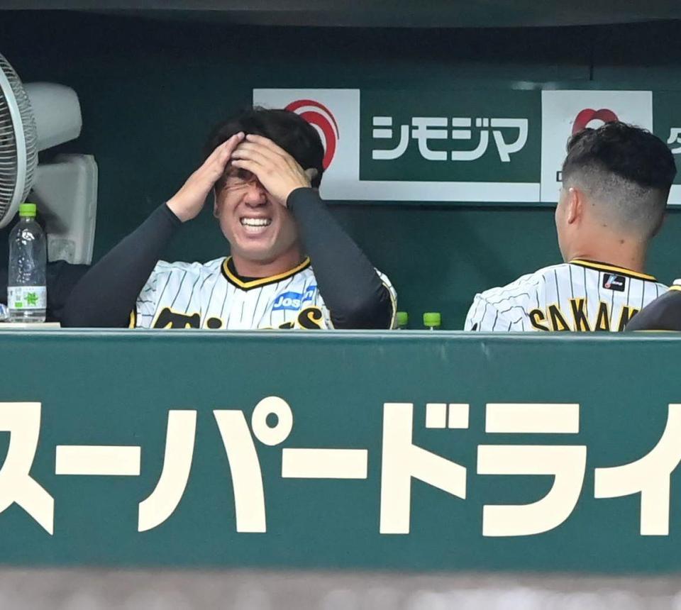 　サンタナにソロを浴びた７回を投げ終え、ベンチで悔しがる村上（左）＝甲子園（撮影・高部洋祐）