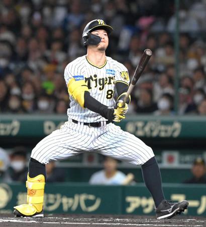 　６回、三振に倒れる佐藤輝（撮影・高部洋祐）