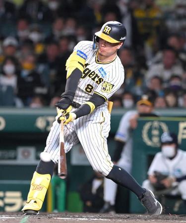 　３回、ソロを放つ佐藤輝（撮影・高部洋祐）